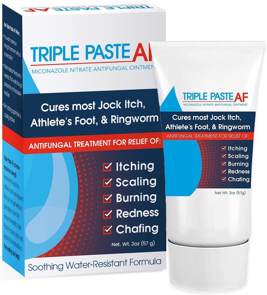 Paste triple AF Anti Intento fúngico para los tesoros de piel La mayoría de los atletas Pie y Ringworm - 2% Miconazol Antifungal Crema - 2 Oz Tube (Paquete mayo Vary)