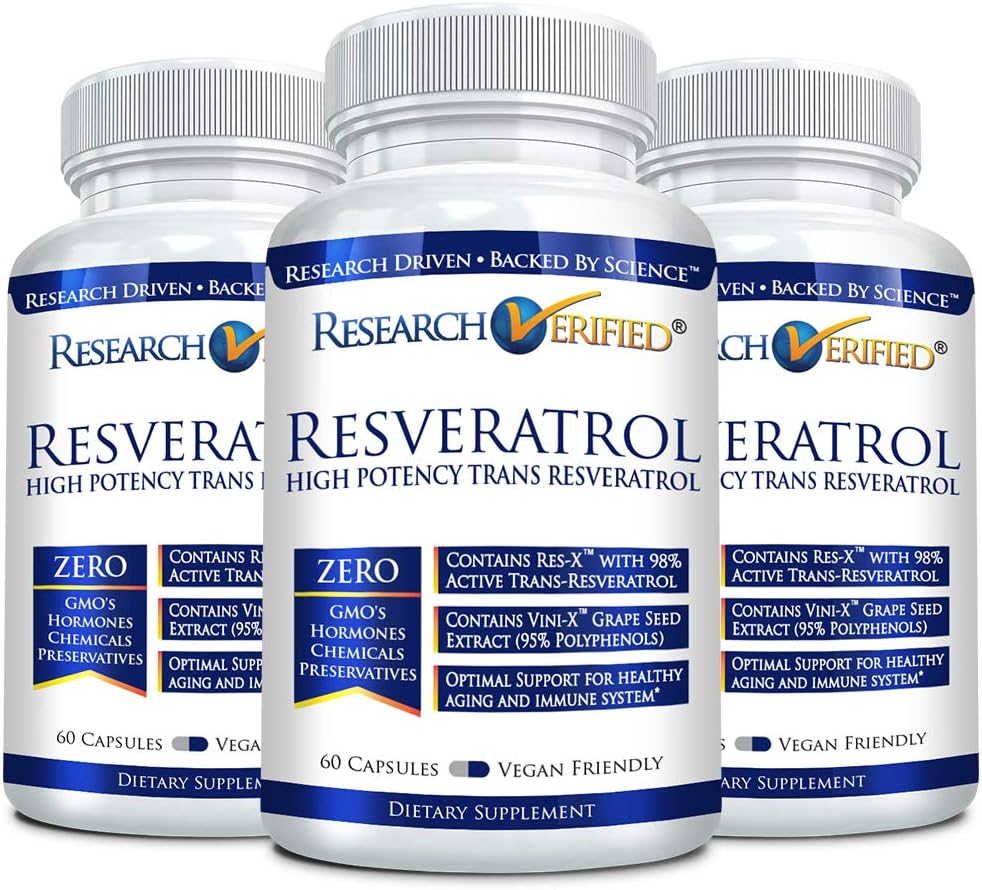 Investigación Resveratrol Verificado - 98% Trans-Resveratrol 1000 mg, Anti-Aging Support - 60 cápsulas por botella - 3 botellas