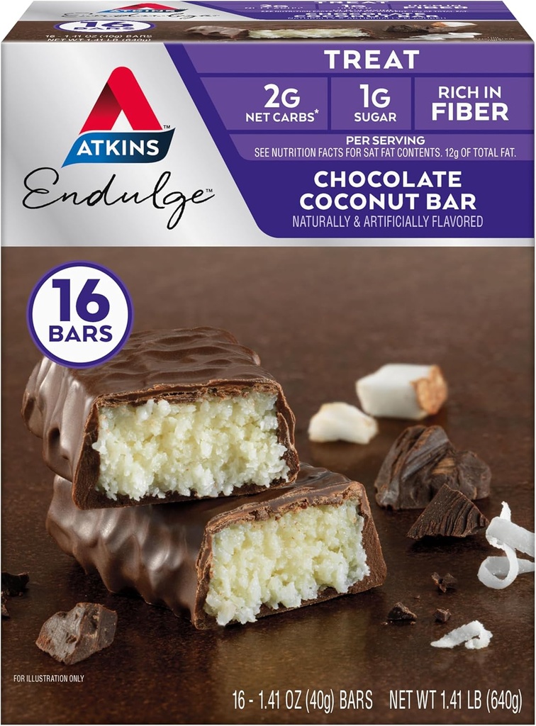 Atkins Endulge Chocolate Coconut Flavored Bar, Bajo Sugar Treat, Alto en Fiber, 16 Conde