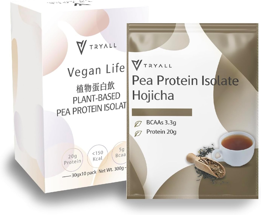 TRYALL Plant Based Pea Protein Powder Isolate (20g of Protein) Travel Sachets (Hojicha, 10 Packs)