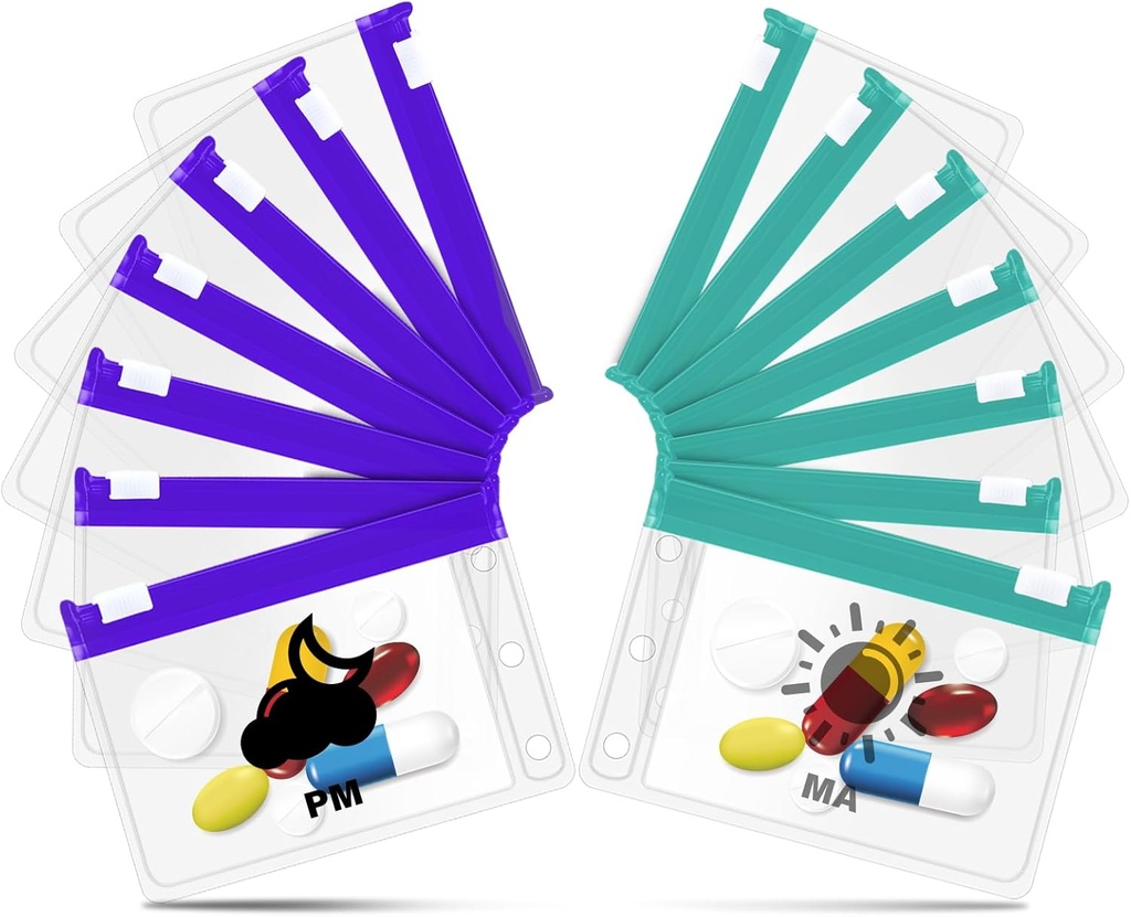 A7-S Pill Pouches Set for A7 Ring Binder, Weekly Pill Organizer 2 Times a Day, Pill Loose-Leaf Storage with Cyan&Purple-Coded Medicine Pouches, Reusable Travel Medicine Organizer