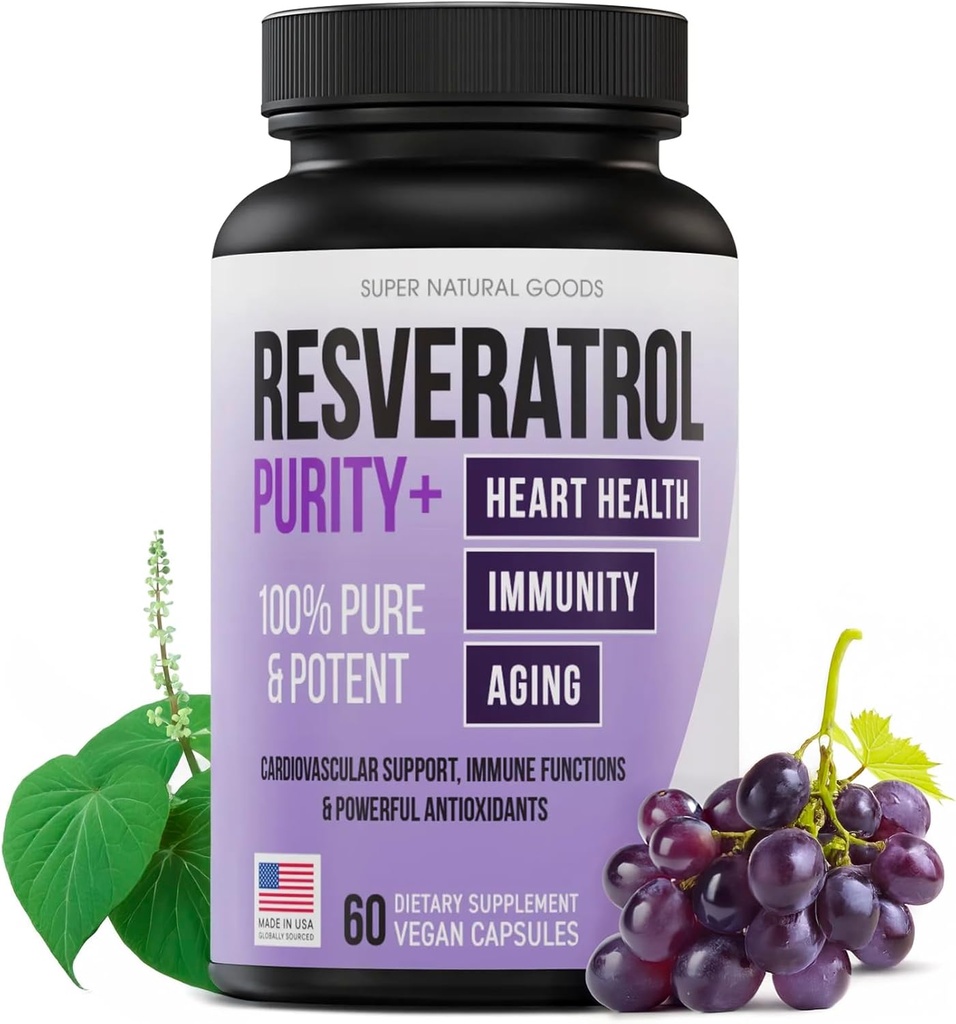 Trans-Resveratrol Highly Purified & Bioavailable Antioxidant Supplement for Unique SIRT1 Activation - Promote Cellular Repair, Longevity, Brain, Heart, DNA - 60 cápsulas