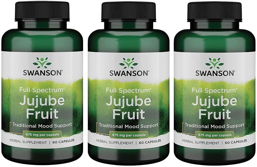 Swanson Jujube Fruit - Full Spectrum Herbal Supplement Promoting a Calm & Relaxed Mind - Natural Formula Supporting Stress & Mood Support - (60 Capsules, 675 mg Cada uno) 3 Pack