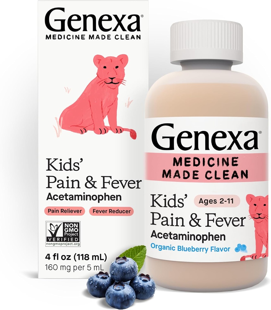 Genexa Kids' Acetaminophen Pain &amp; Fever Oral Suspension Medicine - 4oz - Para niños 2 - 11 años de edad, temporalmente alivia el dolor y los síntomas de fiebre, 160 mg por 5 ml- Organic Blueberry Flavor