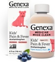 Genexa Kids' Acetaminophen Pain &amp; Fever Oral Suspension Medicine - 4oz - Para niños 2 - 11 años de edad, temporalmente alivia el dolor y los síntomas de fiebre, 160 mg por 5 ml- Organic Blueberry Flavor