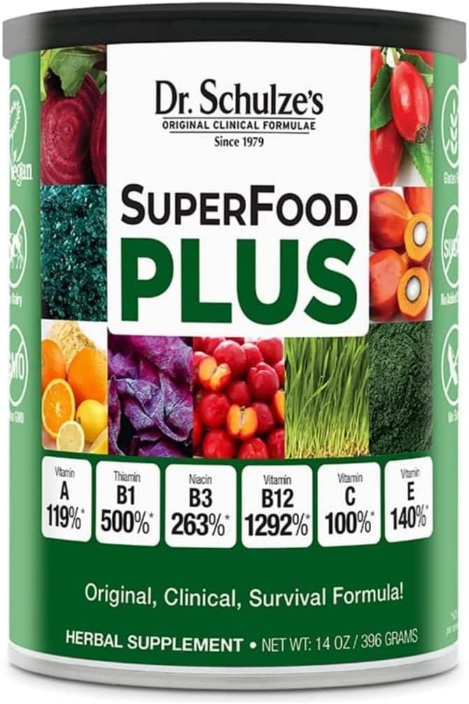 SuperFood Plus del Dr. Schulze tóxico Vitamina y Concentrado de Hierba Mineral Silencio Nutrición diaria libre de gluten y no transgénero Silencio Vegan Silencio 14 Ounce Powder ← Embalaje Mayo Vary