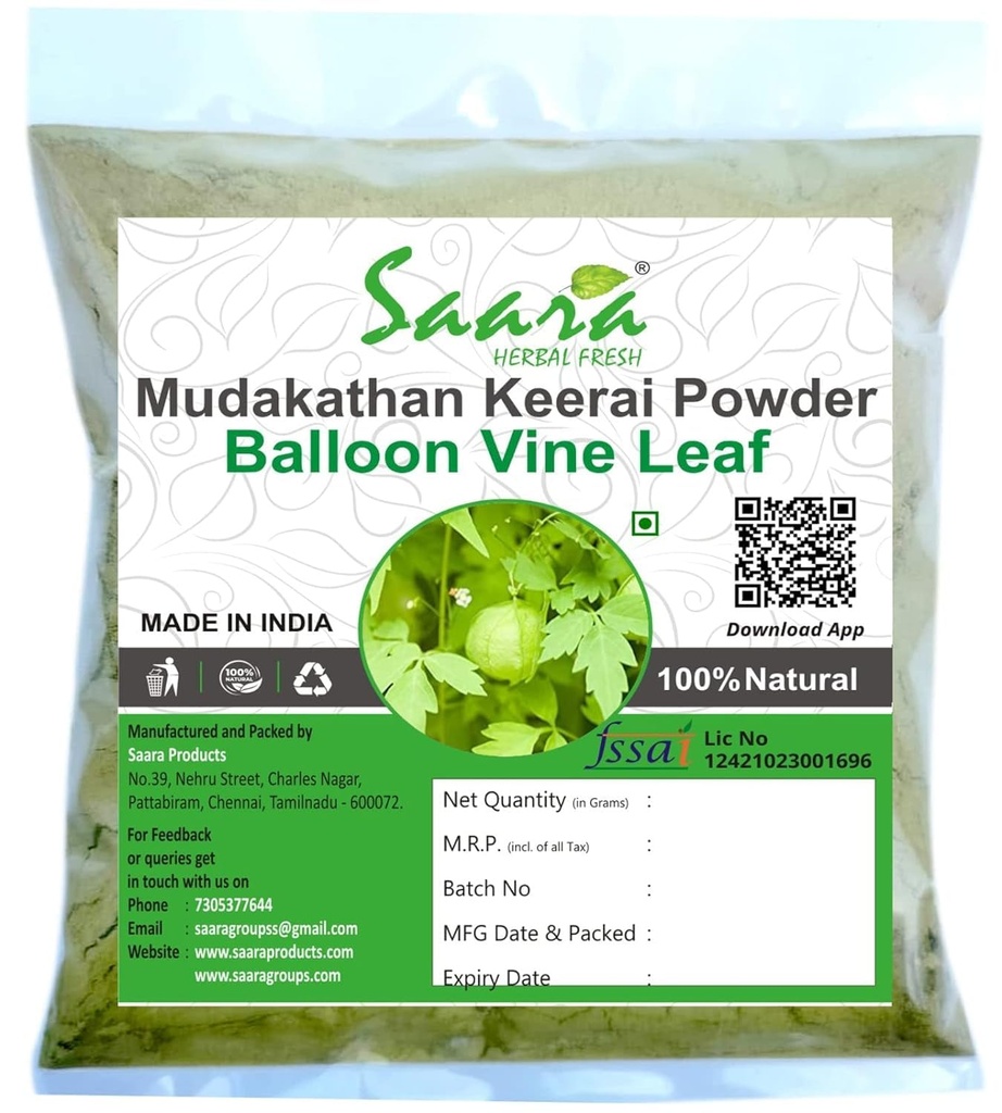 Nutranix bhm HERBAL FRESH Mudakathan Keerai Powder,100g, Balloon Vine Leaf Powder, Kanphata, Budda Kakara, Agniballi, Jyotishmati Leaf Powder,100g, (paquete 1 x 100g)