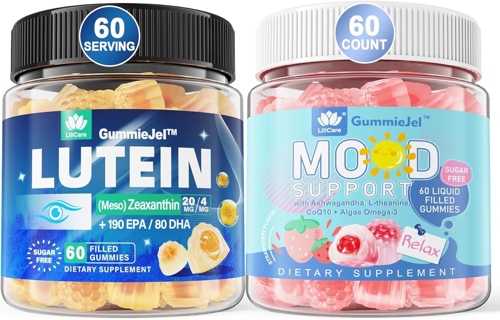 Sugar Free Lutein 20mg Zeaxanthin Filled Gummies + Natural Calm Filled Gummies for Adults with Ashwagandha and Vegan Omega 3