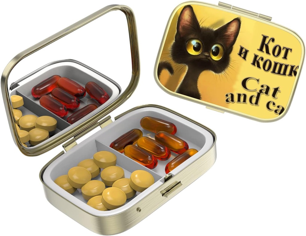 Cute Small Pill case for Pockets & Purses,Elegant Pill Box hace un gran regalo,2 Compartment Travel Medicine Organizer Tiendas Progesterone,Capsule Pills, Ibuprofeno, Vitaminas, Pendientes Back-Bronze Cat