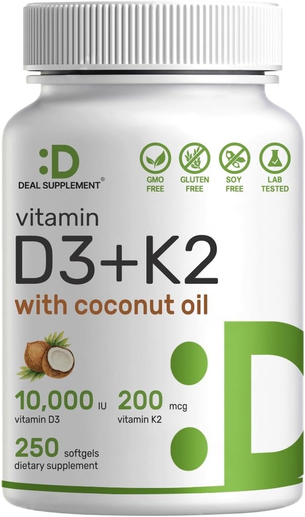 SUPLEMENTO DEAL Vitamina D3 10,000 UI + K2 MK7 200mcg Softgels, 250 Conteo TENIDO 2-en-1 Complejo con aceite de coco virgen TENIDO Apoyo Corazón, Hueso, Tientes &amp; Salud Inmune* Silencioso