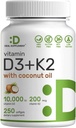 SUPLEMENTO DEAL Vitamina D3 10,000 UI + K2 MK7 200mcg Softgels, 250 Conteo TENIDO 2-en-1 Complejo con aceite de coco virgen TENIDO Apoyo Corazón, Hueso, Tientes &amp; Salud Inmune* Silencioso