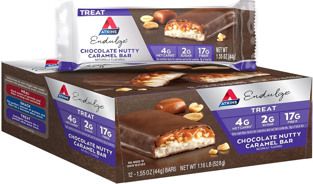 Atkins Endulge Chocolate Nutty Caramel Bar, Dessert Favorite, 2g Sugar, High in Fiber, Keto Friendly, 12 Conde
