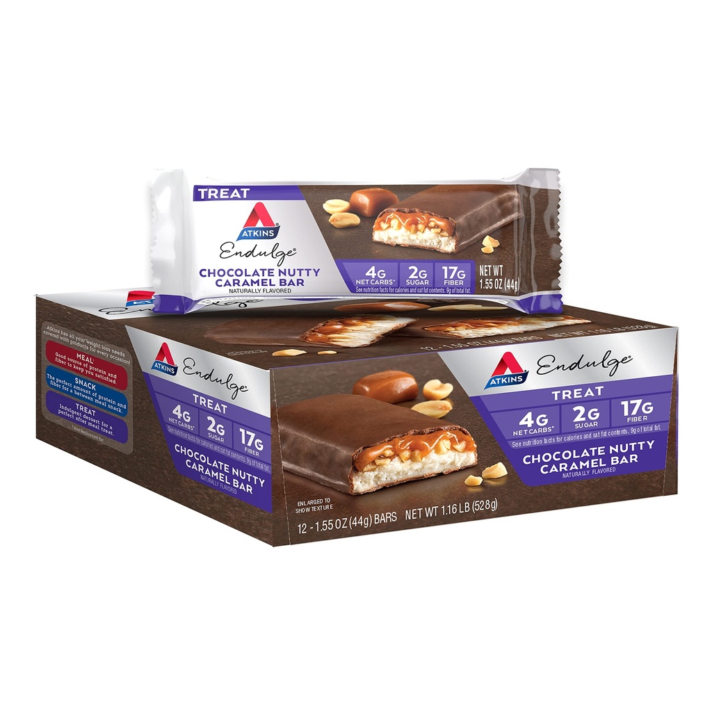 Atkins Endulge Chocolate Nutty Caramel Bar, Dessert Favorite, 2g Sugar, High in Fiber, Keto Friendly, 12 Count