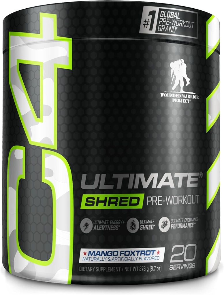 Cellucor C4 Ultimate Shred x Wounded Warrior Project Pre Workout Powder, Fat Burner for Men &amp; Women, Weight Loss Suplemento con Ginger Root Extract, Mango Foxtrot, 20 Servings (Pack of 1)