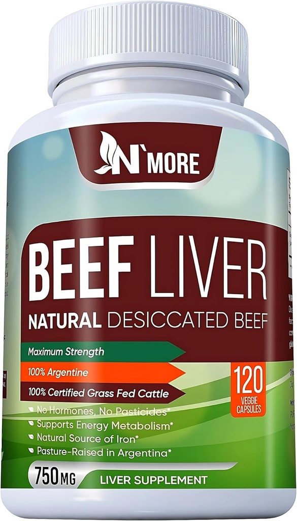 N'More Beef Liver Capsules – 100% Grass Fed ' Undefatted Argentine Liver – Natural Iron, B12 & CoQ10 for Energy, Brain & Immune Support – 120 Capsules, 750mg