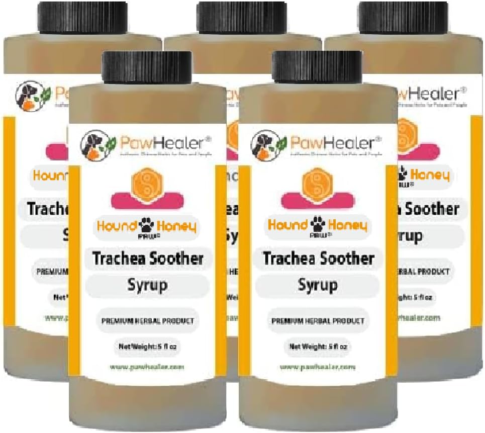 Trachea Soother Syrup 5PAK Hound Honey - Natural Herbal Remedy for Symptoms of Collapsed Trachea - Sabe bien - Fácil de administrar (5 fl oz/ea)