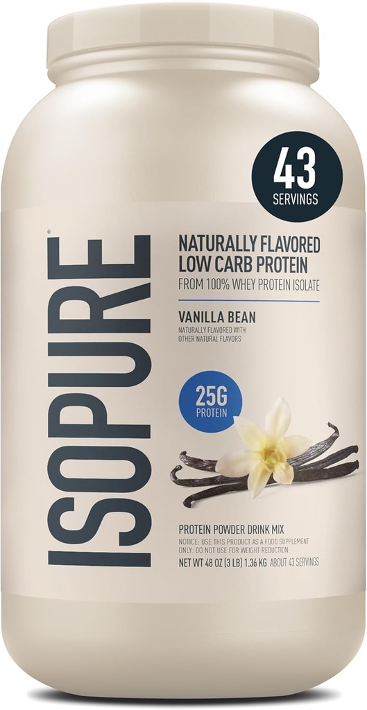 Isopure Low Carb 100% Pure Whey Isolate Protein Powder, Lactose Free, Gluten Free, With Vitamins, Vanilla, 25g Protein Por Serving, 3 Lbs, 40 Servings (Packaging May Vary)