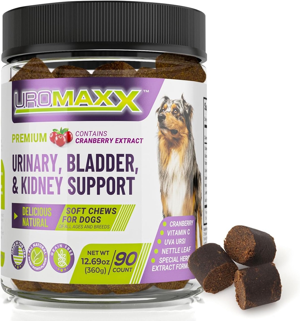 Tratamiento de la infección de la tractrinaria de perros, ayuda para perros, cuidado de mascotas potente, cerdas suaves naturales con arándano y glucosamina, hecho en los EE.UU., sabor de pollo, 90 cuenta, 1 paquete