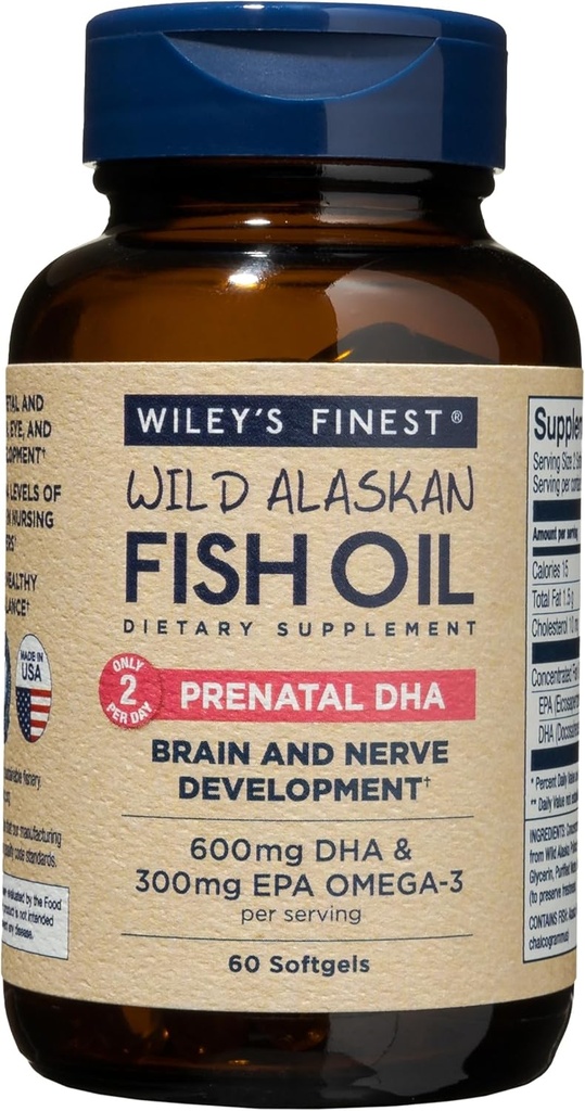 Wiley's Finest Wild Alaskan Fish Oil Prenatal DHA - 900mg EPA and DHA Omega-3s for Pregnant Women and Nursing Mothers - 60 Softgels (30 Prenatal Vitamin Servings)