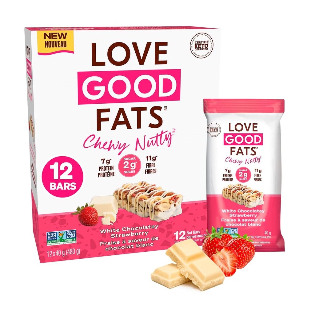 Love Good Fats Chewy Nutty White Chocolatey Strawberry Keto Bares - Low Carb Protein Snacks - 12 pack (1.59oz / 45g cada bar)