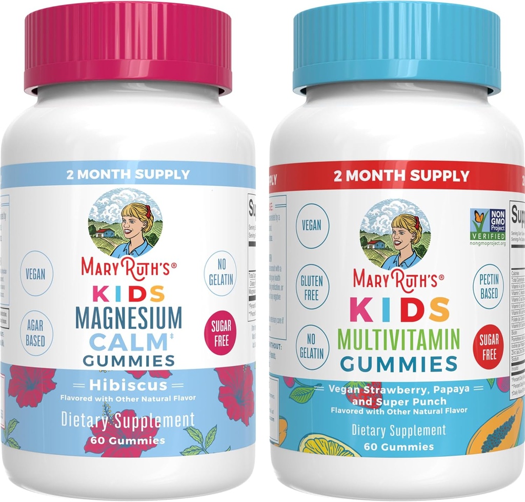 MaryRuth Organics Multivitamin (Strawberry) and Magnesium Calm Gummies (Hibiscus) for Kids ← Clean Label Project Verified® ← Vitaminas para el bienestar general y el sueño duradero Vegan, No GMO, Gluten Free