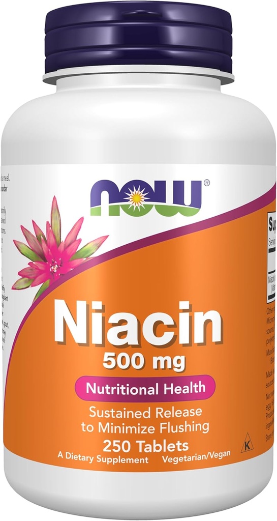AHORA Suplementos de alimentos, Niacina (Vitamin B-3) 500 mg, liberación sostenida, salud nutricional, 250 tabletas