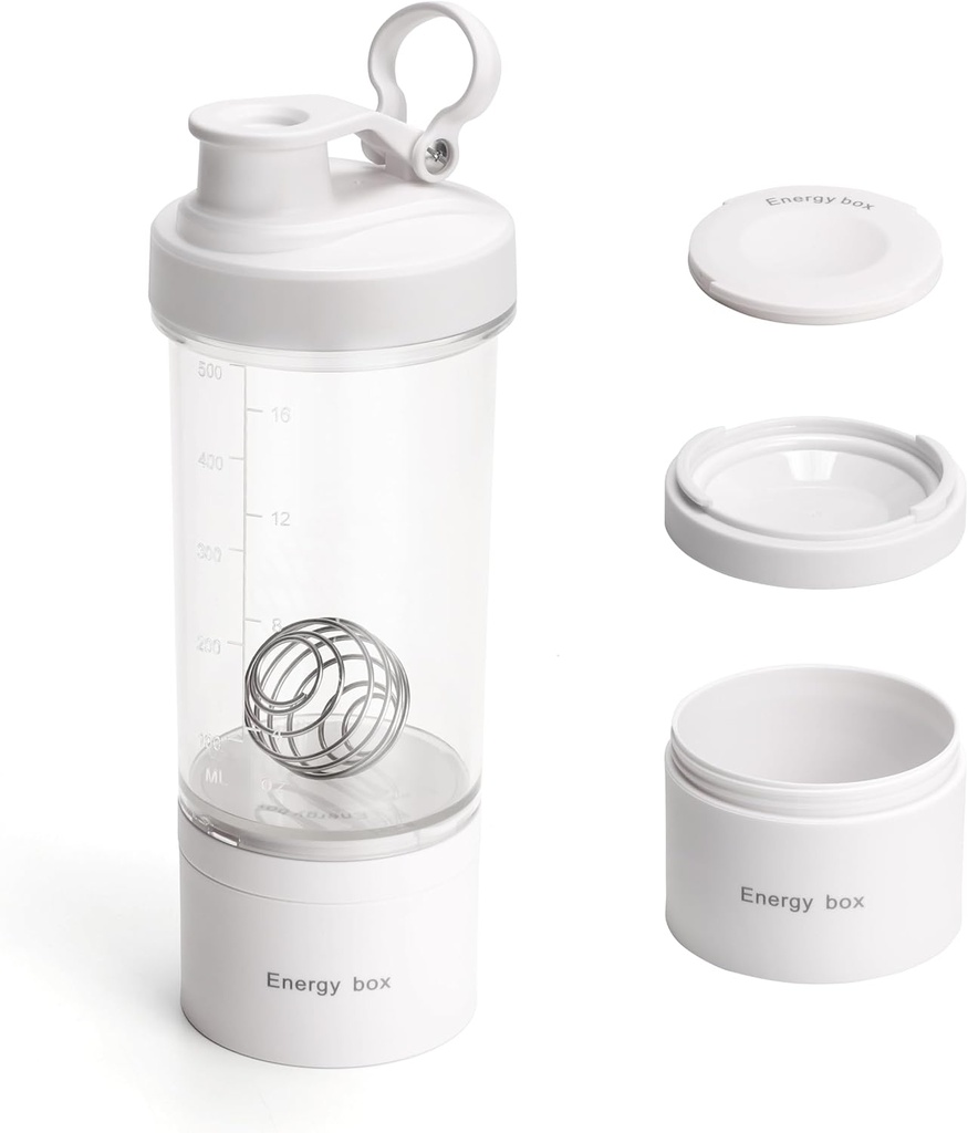 Blender Protein Shaker Tritan Botella con Pill/Powder Storage Container for Protein Shakes-pre workout bottle-Mixer Cup-Gym Sport Water Bottle with Wire Whisk Balls White