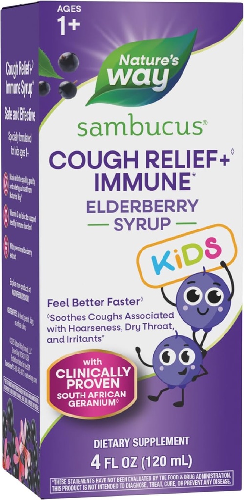 Camino de la Naturaleza Sambucus Kids Cough Relief +♢ Immune Syrup*, Feel Better Faster♢, Clínicamente Provenido Geranium Sudafricano, con Extracto de Elderberry, Vitamina C & Zinc, Gluten Free, Vegan, 4 Fl Oz