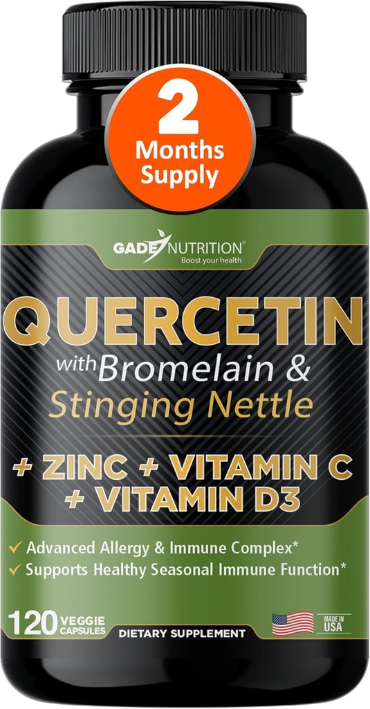 Quercetina con Vitamina C y Zinc - Nettle Quercetin - Quercetin 500mg - Quercetina con Bromelaina - Zinc Quercetina + Vitamina D3 - 120 Veggie Caps - (No-GMO, libre de gluten, Vegan) - 2 Month Supply