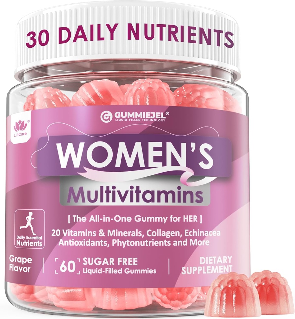 Mujeres Multivitamina Gummy con Hierro, Biotina 2500mcg, Collagen, Keratina, Vitaminas diarias A C D E Folate, Complejo B, Multivitamina metilada para las mujeres Apoyo Energía, Belleza, Inmune, Azúcar Gratis, 60 Cuenta