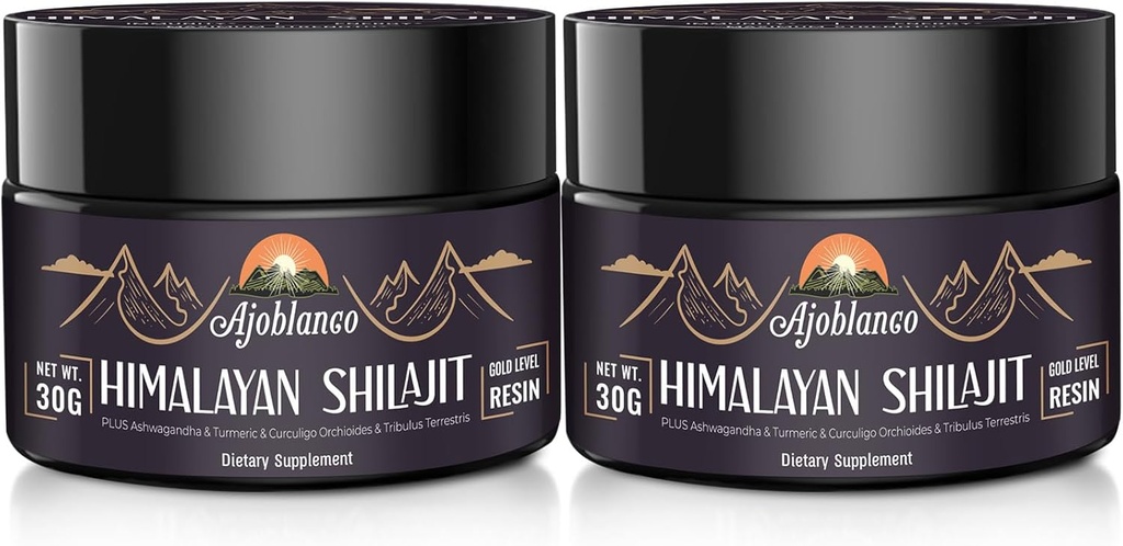 Ajoblanco 600mg Natural Himalayan Orgánica Shilajit Resin - Himalayan Gold Shilajit Resin with Organic Ayurvedic Blend in High Potency for Energy, Strength &amp; Immunity, Pack of 2