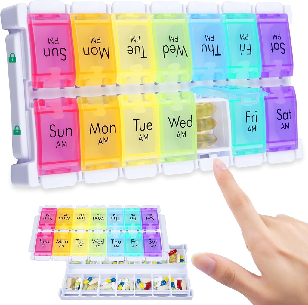 MERICARGO Organizador semanal de píldoras 2 veces al día, Easy Fill Large Pill Box 7 Day, Am Pm Medicine Organizer, Push Button Daily Pill Case for Vitamin, Fish Oil, Supplements