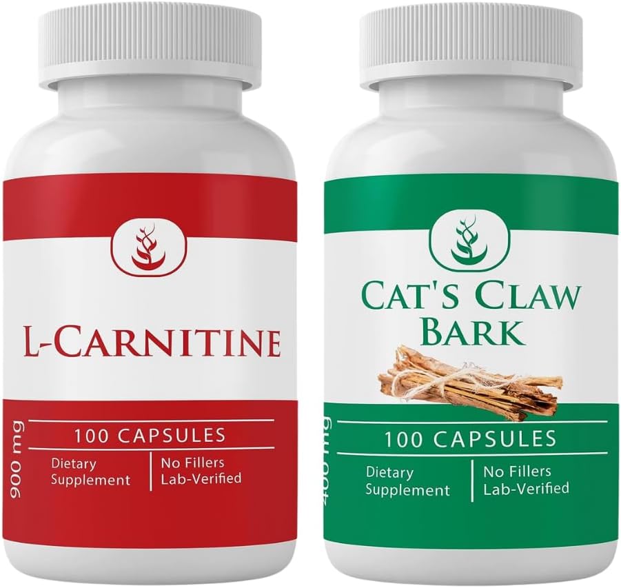 PURE ORIGINAL INGREDIENTES L-Carnitine y Cat's Claw Bark Bundle, 100 cápsulas cada, siempre puro, sin aditivos ni artillerías