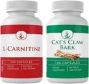 PURE ORIGINAL INGREDIENTES L-Carnitine y Cat's Claw Bark Bundle, 100 cápsulas cada, siempre puro, sin aditivos ni artillerías