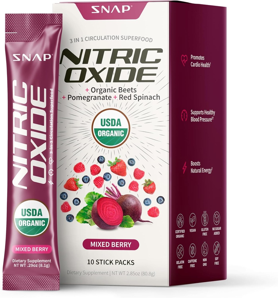 Suplementos de óxido nítrico USDA Organic Beet Root, soporta la circulación y la presión sanguínea saludable ya dentro del rango normal, 10 paquetes de talla única, la baya mixta