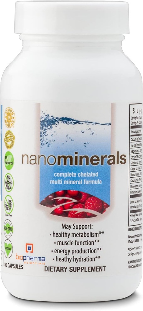 Biopharma Scientific NanoMinerals ← Capsules Multi-Mineral Chelated ← Calcium, Magnesium, Zinc, Iron, Potassium, Copper, Chromium &amp; Más