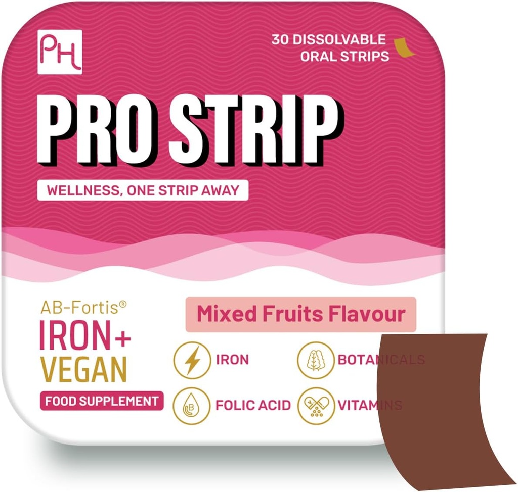 PROSTRIP® Iron+ AB-Fortis® 14mg Agregado con vitamina C, B1, B2, B6, ácido fólico, cereza de escarabajo, espinacas y tarta – 30 tiras vegetarianas orales – sin necesidad de agua – Alta absorción por cuidado de salud