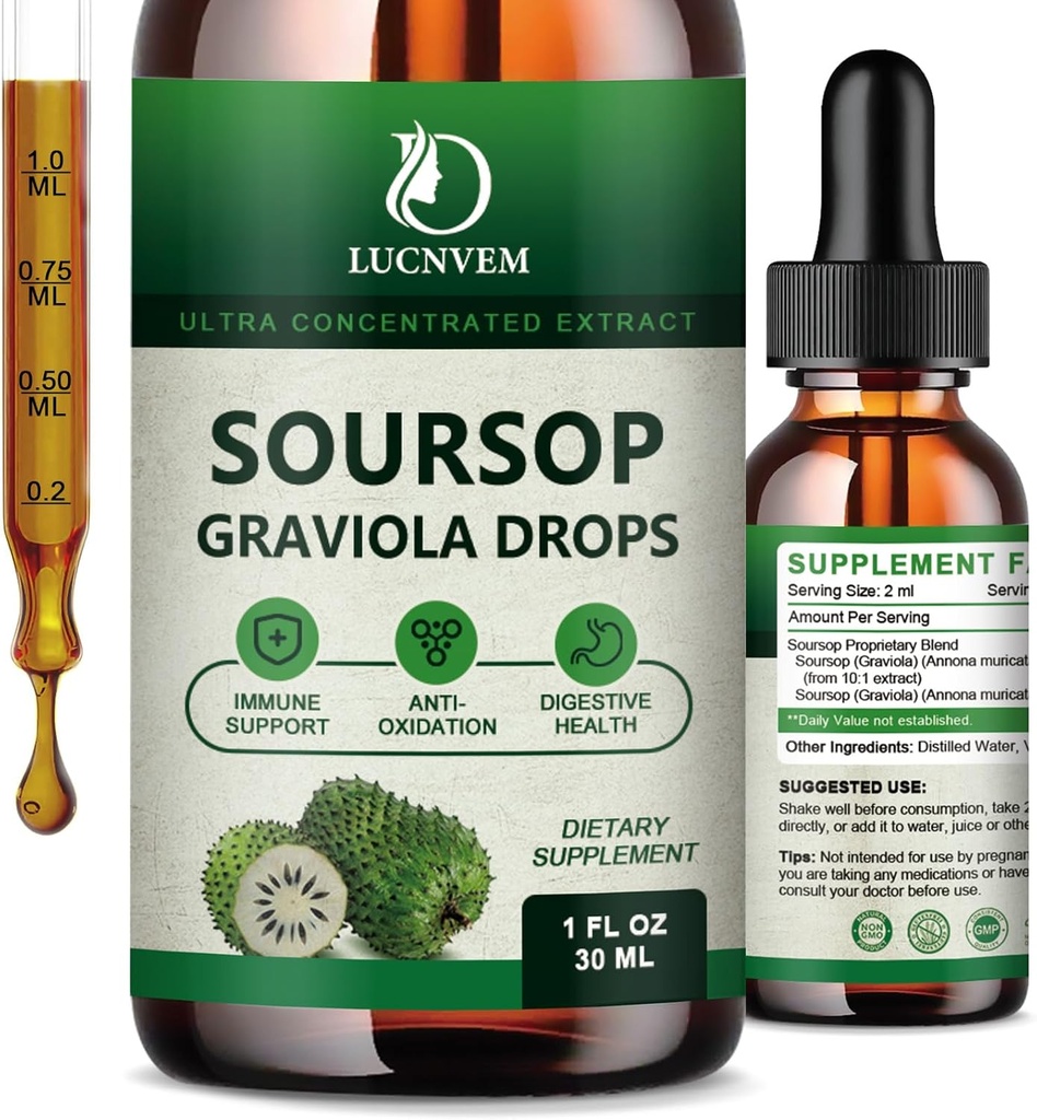 Soursop Graviola Liquid Drops 2000mg, Soursop Extract Organic Pure for Natural Antioxidant, Cell Support " Regeneración, Immune Boost, Soursop Bitters Liquid - Soursop Flavor- 1 FL OZ