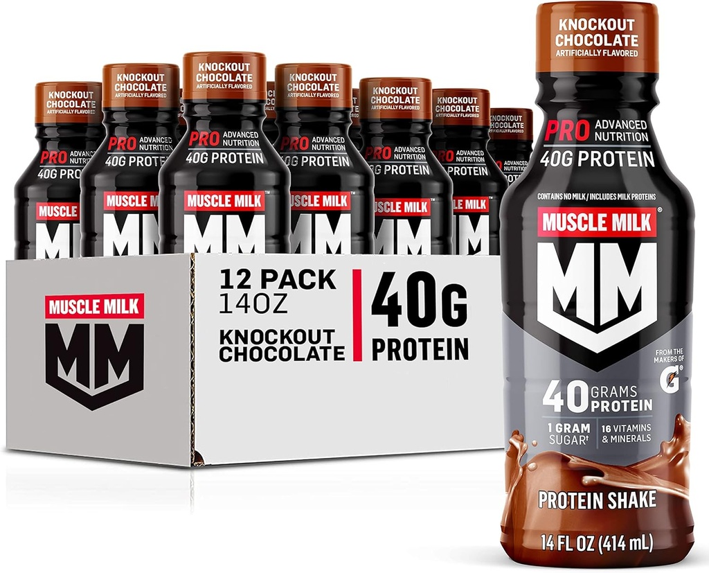 Muscle Milk Pro Advanced Nutrition Protein Shake, Knockout Chocolate, 14 Fl Oz Bottle, 12 Pack, 40g Protein, 1g Sugar, 16 Vitaminas & Minerales, 6g Fiber, Workout Recovery, Packaging May Vary