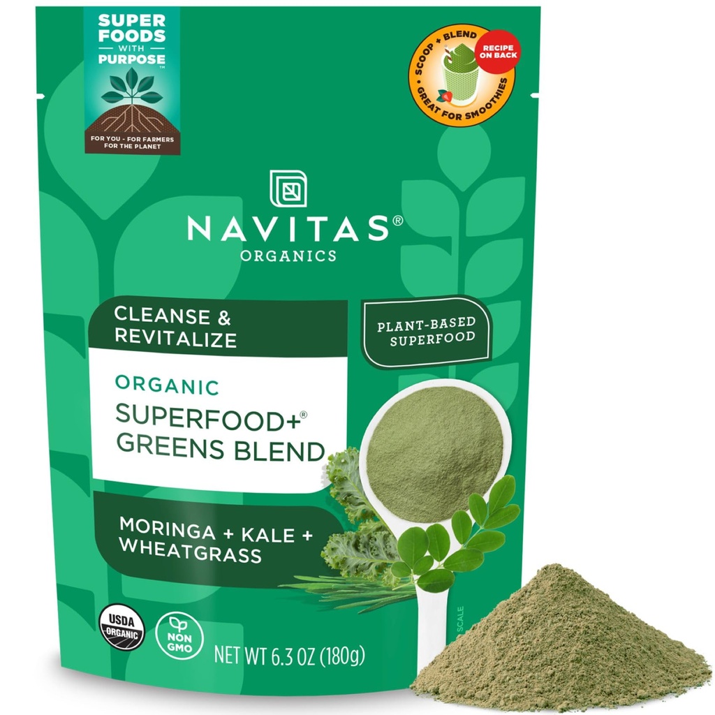 Navitas Organics Superfood+ Greens Blend for Detox Support (Moringa + Kale + Wheatgrass), 6.3oz Bag, 30 Servings — Organic, Non-GMO, Vegan, Gluten-Free, Keto & Paleo....