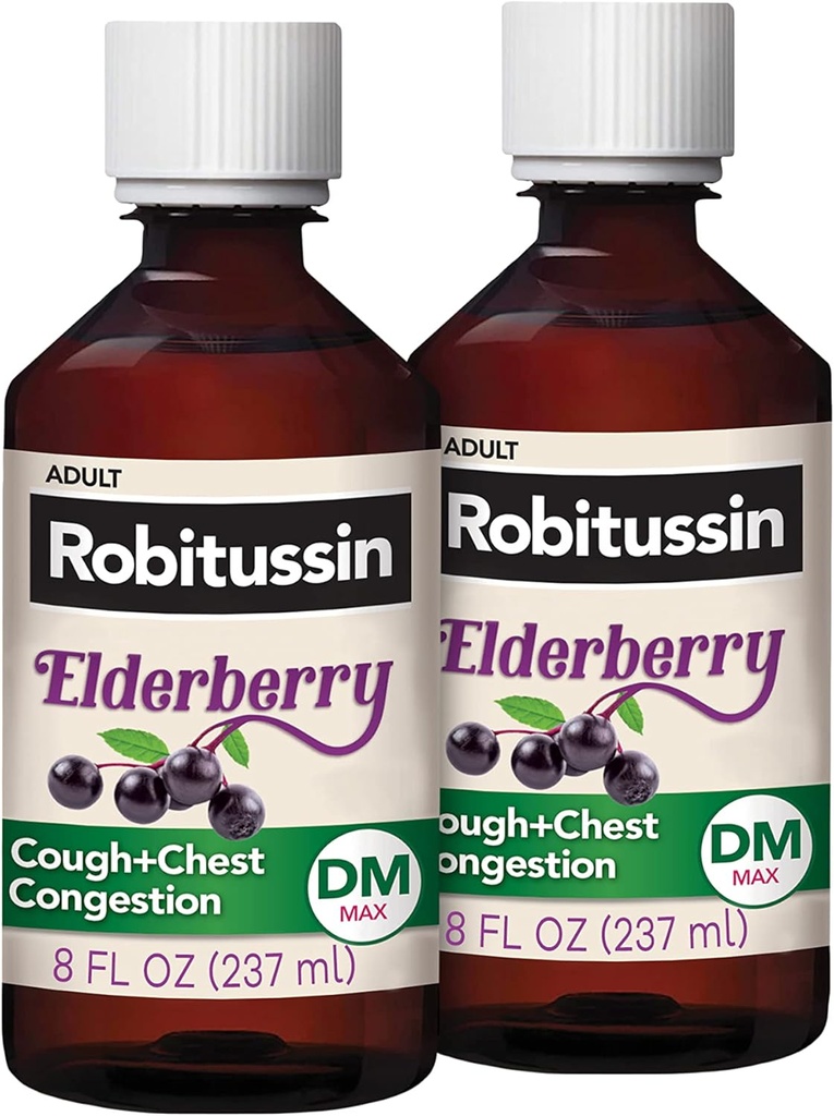 Robitussin Maximum Strength Elderberry Cough Plus Chest Congestion DM, Cough Suppressant for Adults, Provide Non Drowsy Liquid Cough and Chest Congestion Relief - 2x8 Fl Oz