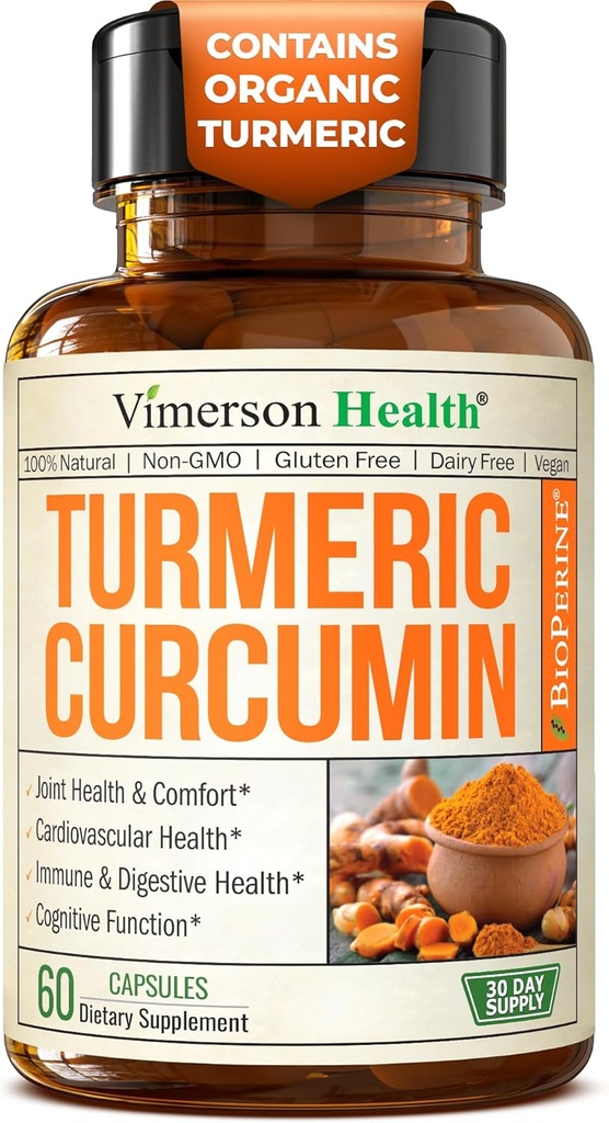 Suplemento de Curcumina Turmérica con Extracto de Pepper Negro - Turmérico orgánico de alta potencia 1200 mg " 95% Curcuminoides para la salud mixta " - Suplemento de Apoyo Conjunto - 60 cápsulas de Curcuma Vegan