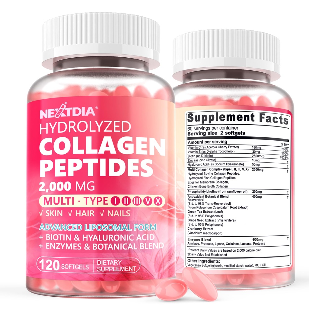 2 Pack Liposomal Collagen Peptides Pills for Women 2000mg, Multi Hydrolyzed Collagen Tipo I, II, III, V, X con 2500mcg Biotin - Collagen Suplementos Softgels con cabello, piel y uñas Vitaminas, 240 Cts