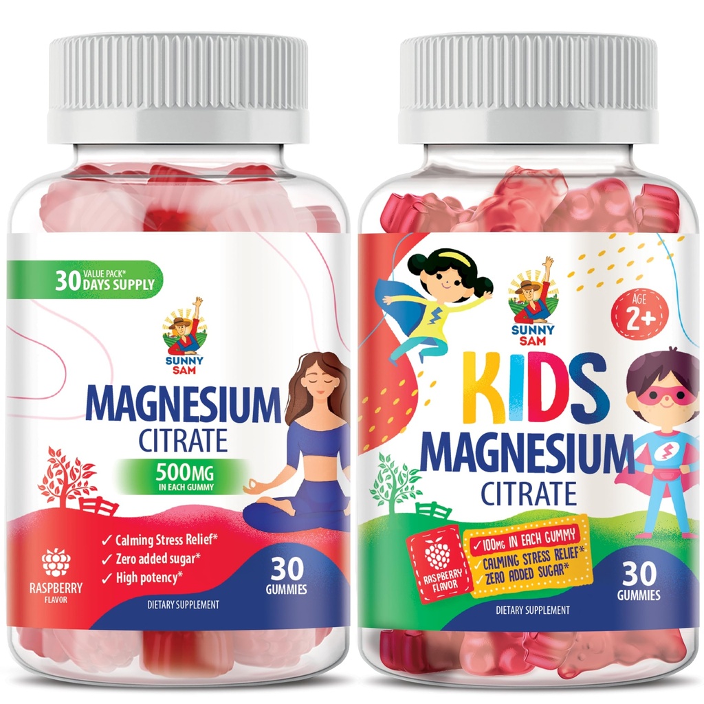 SUNNY SAM Magnesium Gummies for Kids 100mg and Magnesium Gummies for Adults - 500mg. Calm Magnesium Chews - Magnesium Citrate Chewable Suplemento para Mood &amp; Muscle Support