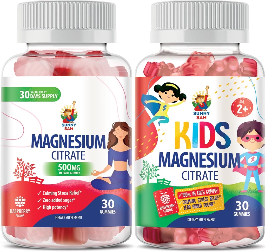 SUNNY SAM Magnesium Gummies for Kids 100mg and Magnesium Gummies for Adults - 500mg. Calm Magnesium Chews - Magnesium Citrate Chewable Suplemento para Mood &amp; Muscle Support