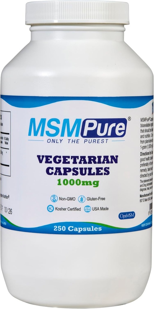 KALA HEALTH MSMPure MSM Vegetarian Capsules – 1000 mg US-Made MSM por cápsula para la salud conjunta, la apariencia de la piel, Hair & Nail Support – 250 Conde, Organic Sulfur