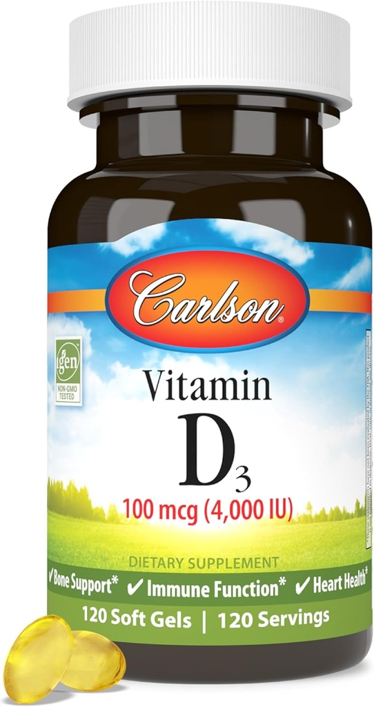 Carlson - Vitamina D3, 4000 UI (100 mcg), Suplementos de Vitamina D, Salud Hueso &amp; Inmuno, Suplemento Cholecalciferol, Gluten Vitamina D cápsulas, 120 Softgels