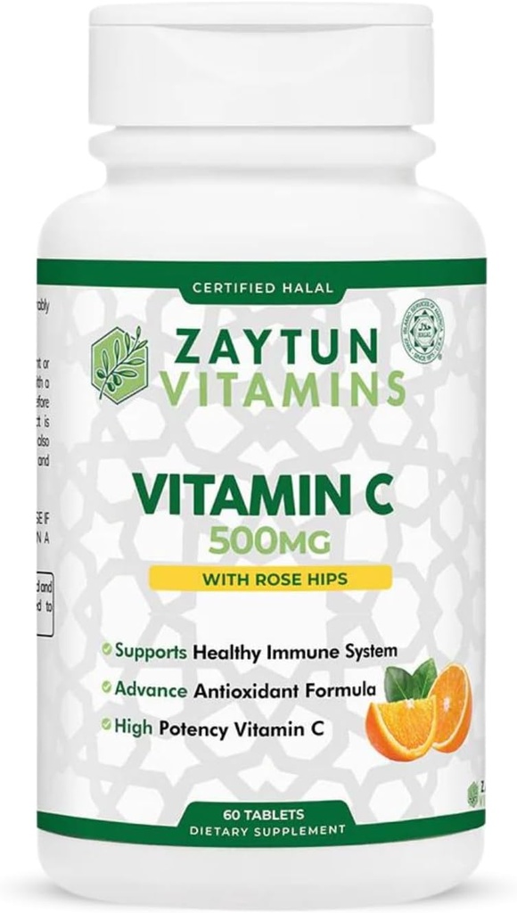 Halal Vitamin C 500mg Tablets with Rose HIPS Supports Immune System, Natural Antioxidant with Citrus Bioflavonoids - Vegan - Gluten-Free - 2 Months Supply - Halal Vitamins