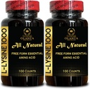 L-LYSINE 1000 mg Free Form Amino Acid Essential - Pure 1000mg Amino Acid Supplement, Connective Tissue Support, Free Form Amino Acids, L Lysine Complex, Amino Acids - 2 Bottles 200 Counts