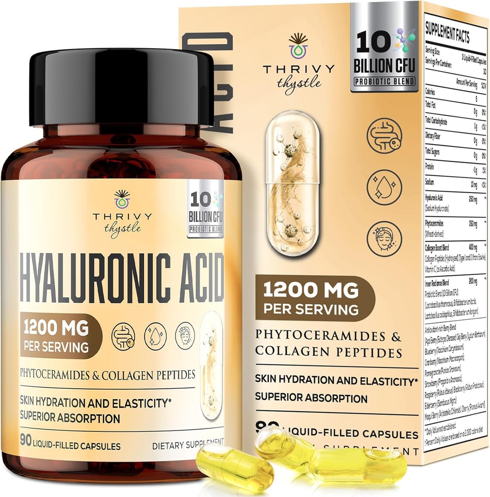 Cápsulas de ácido hialurónico 19-in-1 - Ácido hilúrico 1200 mg, con péptidos colágenos, vitamina C, fitoceramides - para piel, ojos, gastrointestinales, soporte de huesos (1 paquete)